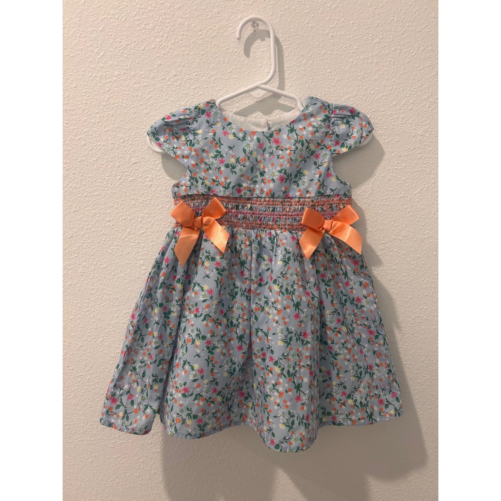 Rare Editions Baby Girl Floral Smocked Dress Blue Orange Bows 12M